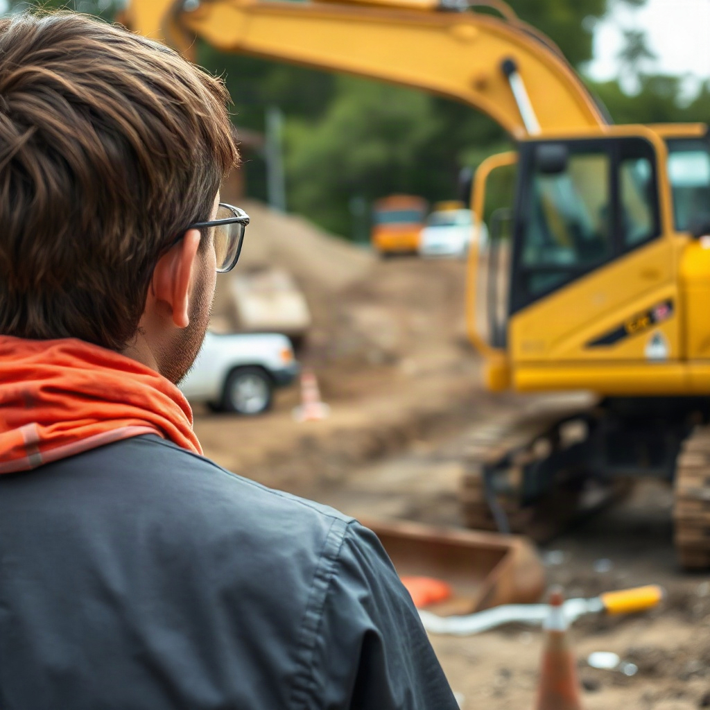 Intern watching a leaking excavator at a construction site