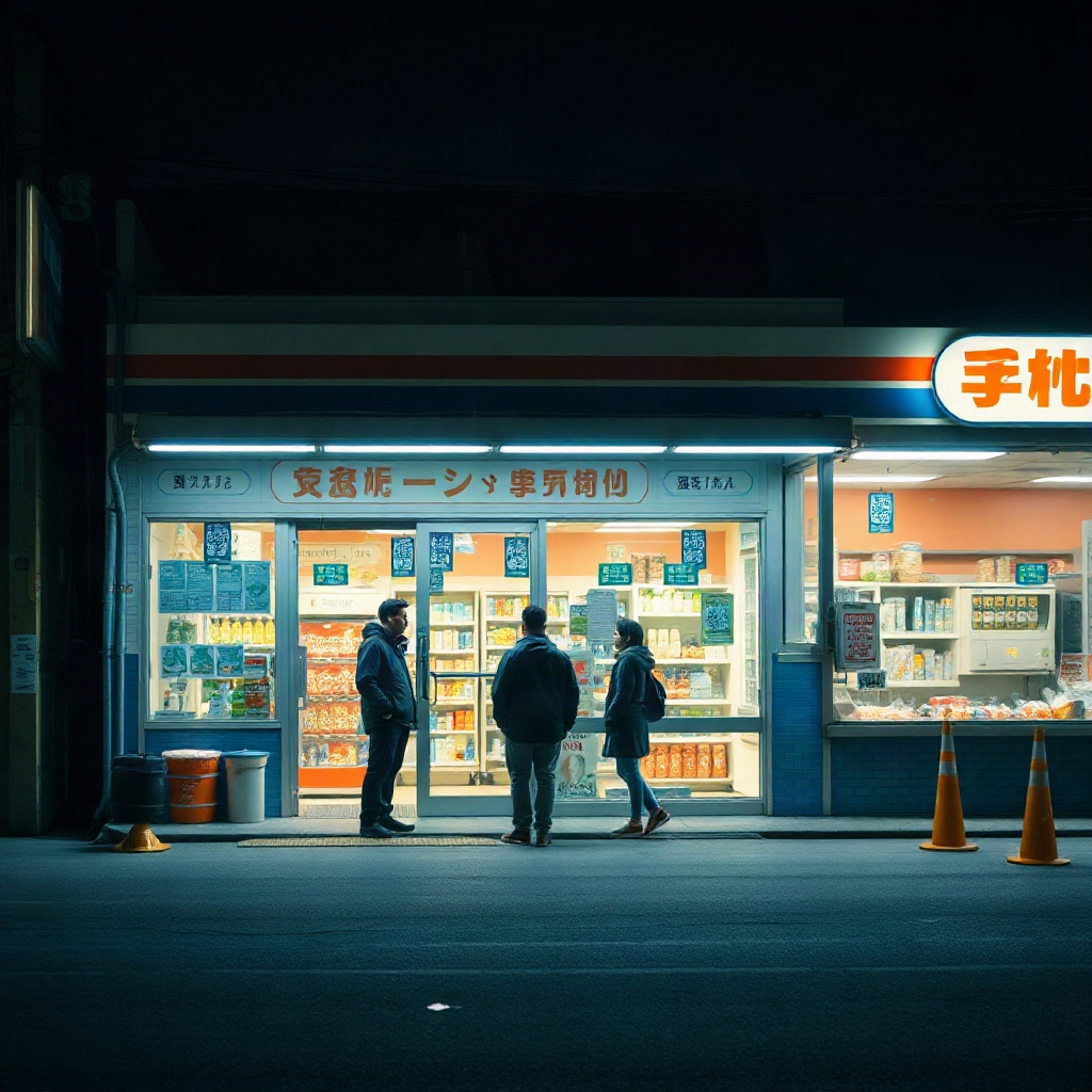 Convenience store at four in the morning with two people talking